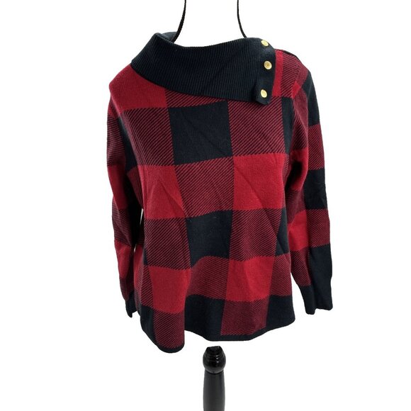 Adrienne Vittadini Womens L Red Black Buffalo Plaid Sweater Button Neck Pullover - Picture 1 of 6